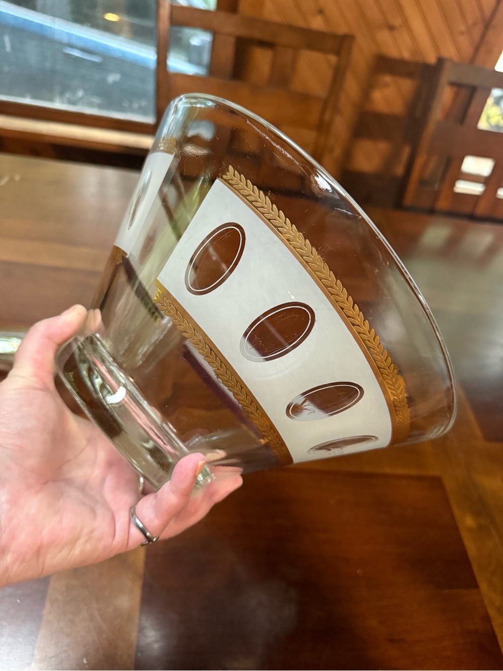 Vintage Glass Serving Bowl with White and Gold Oval Motif
